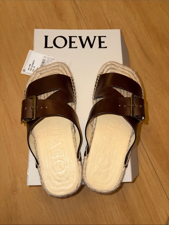 Loewe Shoes - Loewe Brown Leather Buckle Espadrille Slide Sandals